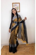 Golden, Black & Silver Triple Tone Tissue Saree - Image 3