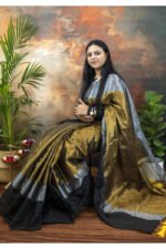 Golden, Black & Silver Triple Tone Tissue Saree