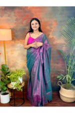 Plain Tissue Raga Saree – Dual Tone Elegance - Image 2