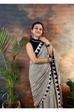 Zebra Stripe Bagru Handblock Pure Cotton Saree - Image 5