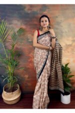 Beige Pure Cotton Handblocked Bagru Print Saree for Effortless Summer Elegance - Image 4