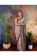 Beige Pure Cotton Handblocked Bagru Print Saree for Effortless Summer Elegance - Image 5