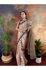 Beige Pure Cotton Handblocked Bagru Print Saree for Effortless Summer Elegance - Image 3