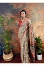 Beige Pure Cotton Handblocked Bagru Print Saree for Effortless Summer Elegance - Image 3