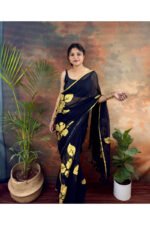 Bold and Classic Black Saree with Golden Hand Painted Golden Flowers - Image 3