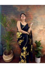 Bold and Classic Black Saree with Golden Hand Painted Golden Flowers - Image 4