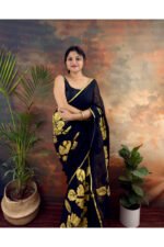 Bold and Classic Black Saree with Golden Hand Painted Golden Flowers - Image 5