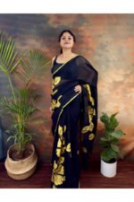 Bold and Classic Black Saree with Golden Hand Painted Golden Flowers - Image 7