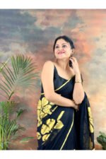 Bold and Classic Black Saree with Golden Hand Painted Golden Flowers - Image 9