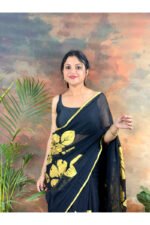 Bold and Classic Black Saree with Golden Hand Painted Golden Flowers - Image 10