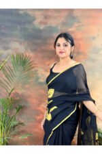Bold and Classic Black Saree with Golden Hand Painted Golden Flowers - Image 11