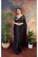 Black Elegant Golden Stripes Mul Cotton Saree - Image 2