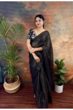 Black Elegant Golden Stripes Mul Cotton Saree - Image 5