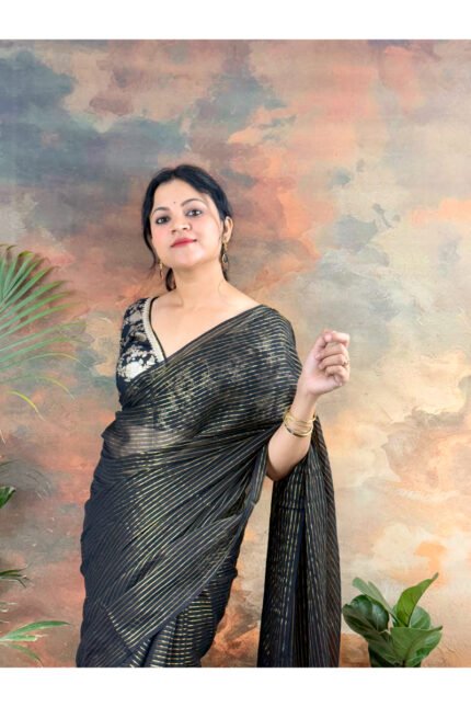 Black Elegant Golden Stripes Mul Cotton Saree