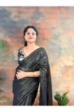 Black Elegant Golden Stripes Mul Cotton Saree - Image 3
