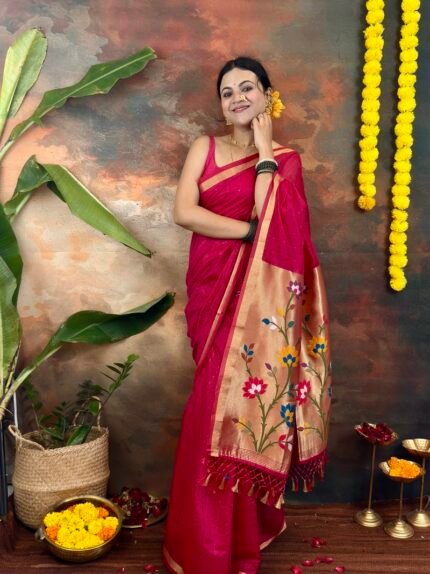 Plain Sequin Line Saree with Paithani Pattern Pallu