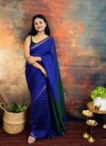 Premium Mul Modal Cotton Saree – Blue & Green Dhupchav Elegance - Image 2