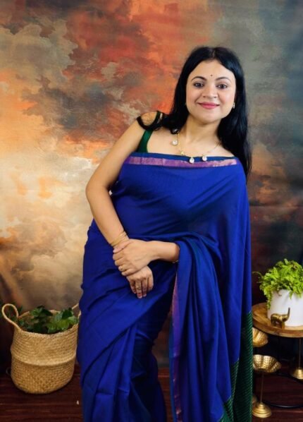 Premium Mul Modal Cotton Saree – Blue & Green Dhupchav Elegance