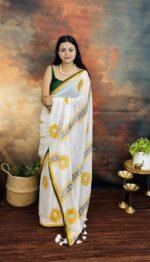 Pure 120 Count Mulmul Cotton Handblock Painted Sunflower Motif Saree - Image 2