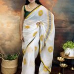 Pure 120 Count Mulmul Cotton Handblock Painted Sunflower Motif Saree
