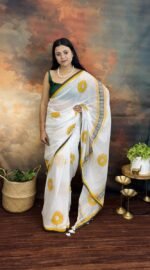 Pure 120 Count Mulmul Cotton Handblock Painted Sunflower Motif Saree