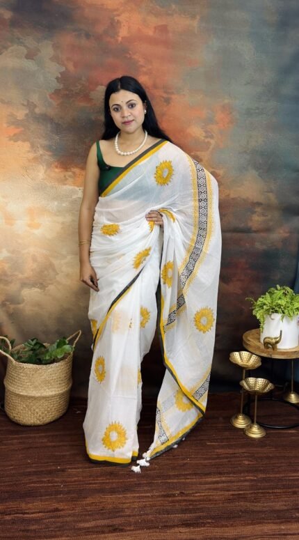 Pure 120 Count Mulmul Cotton Handblock Painted Sunflower Motif Saree